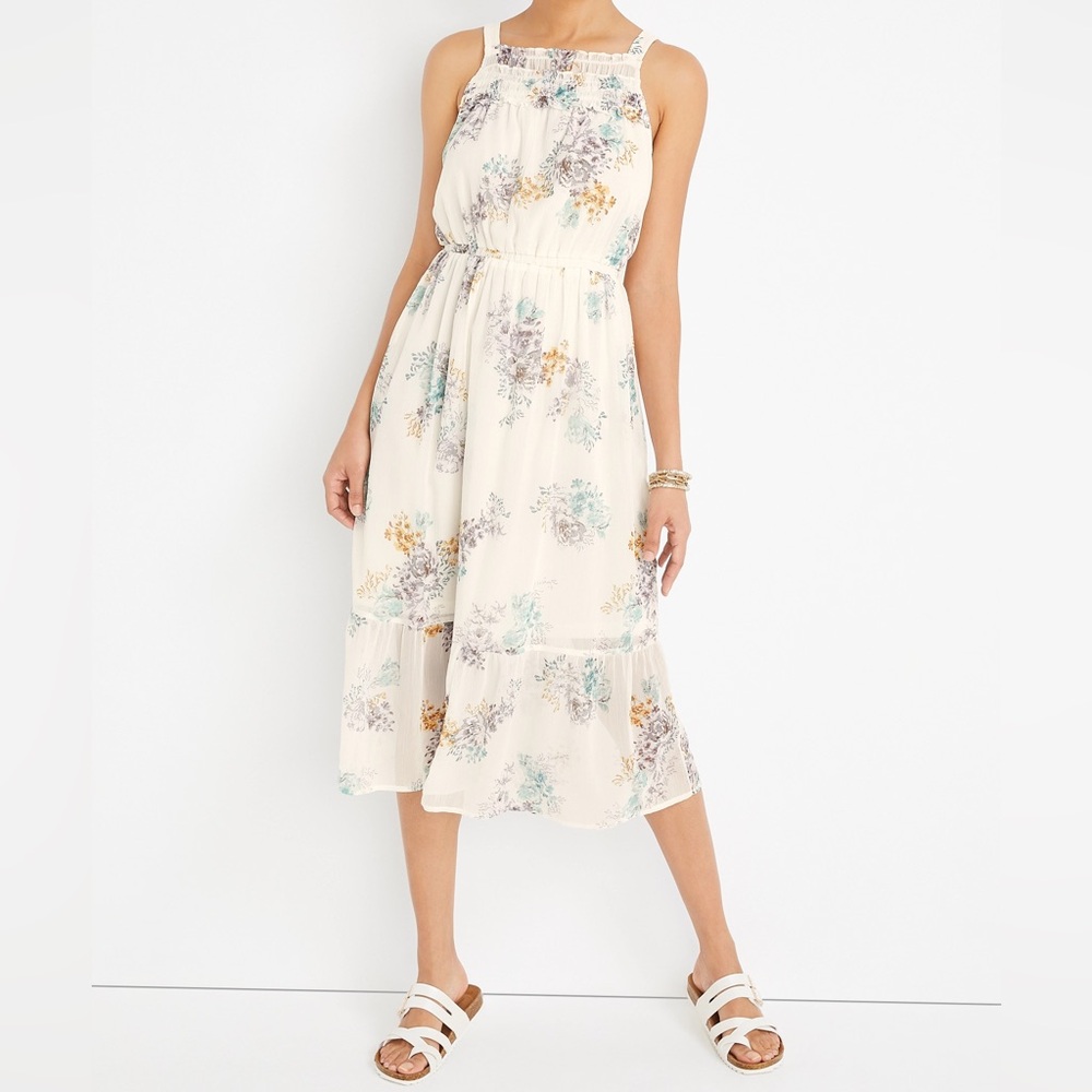White Floral Halter Midi Dress - size Large